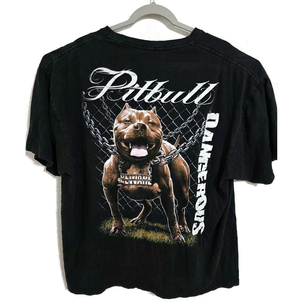 Pitbull Shirt Mens 2XL Black Dangerous Beware Dog Graphic Tee Chain Fence